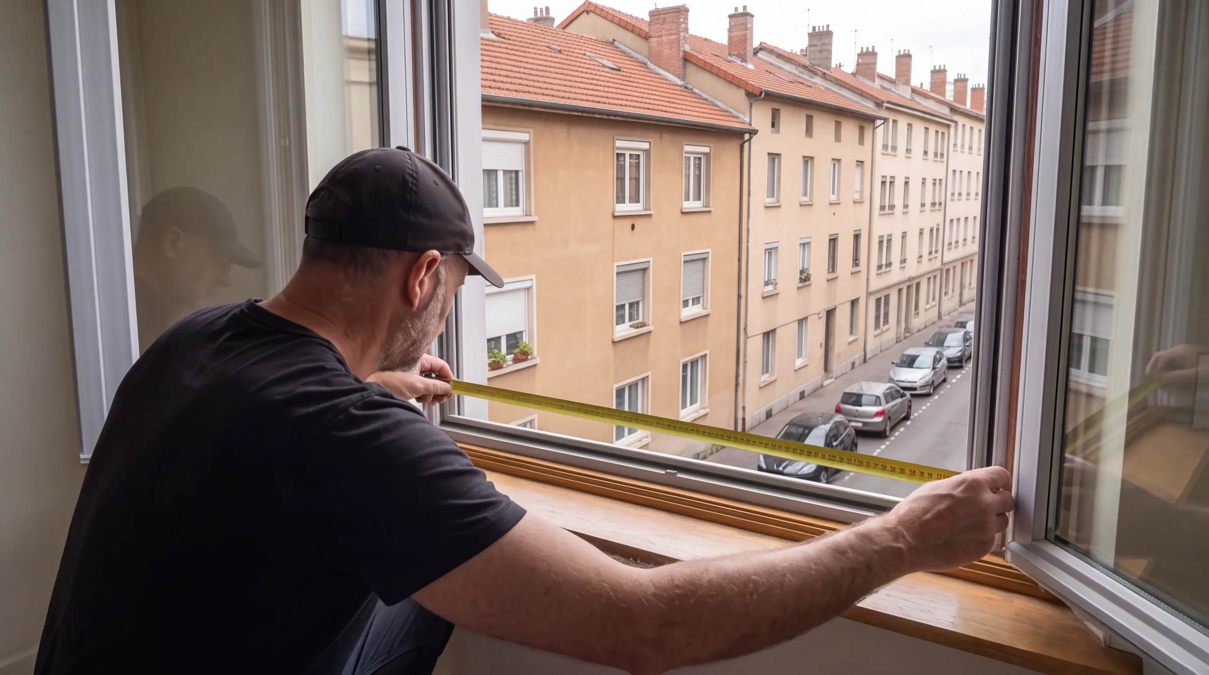 Relevé des cotes définitives : le mètre posé le long de l'appui, en travers de l'ouverture