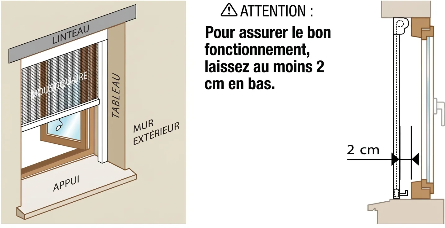 Schéma : positionner le mètre à 2 cm du bord de la fenêtre